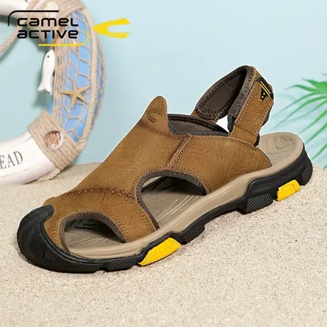 德国骆驼动感夏季新款男士休闲沙滩鞋外穿包头凉鞋真皮透气凉拖鞋图片