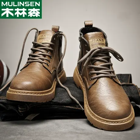 木林森美式工装靴男2023新款冬季英伦中帮皮鞋男士高帮沙漠马丁靴图片