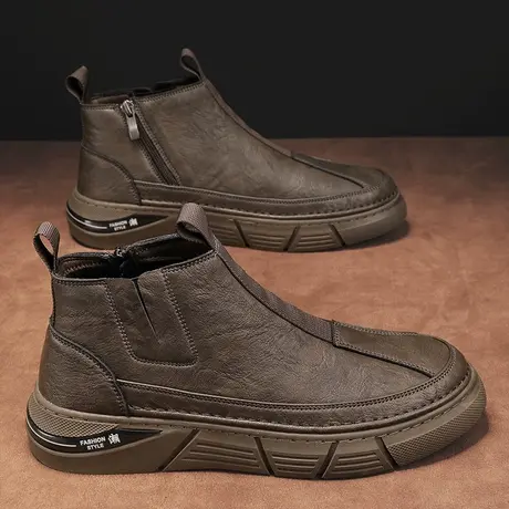 工装马丁靴男秋季2023新款英伦风切尔西棕色皮靴中帮加绒棉鞋冬季图片