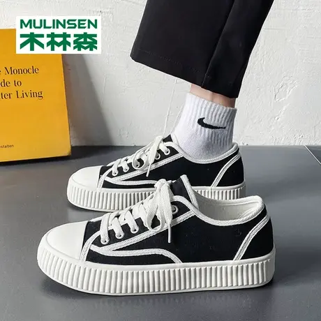 木林森帆布鞋男秋季潮流休闲厚底黑色工作鞋2023新款增高平滑板鞋图片