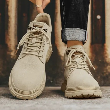 高帮男鞋秋冬季2023新款内增高耐磨沙漠工装靴男士休闲马丁靴绒面图片
