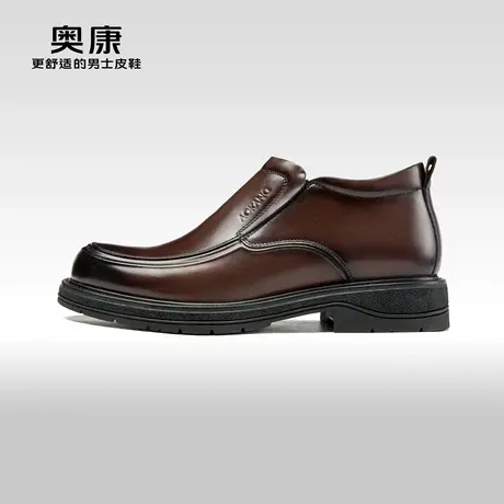 Aokang奥康 冬季新款 男士高帮皮鞋真皮舒适加绒保暖厚底靴图片