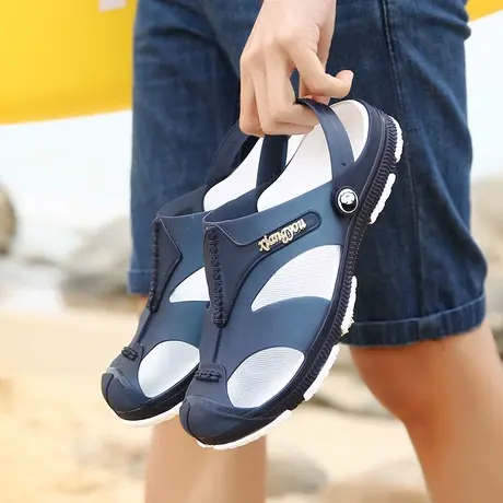 夏季韩版潮包头拖鞋潮流室外沙滩鞋凉拖透气果冻半拖男款两用凉鞋图片