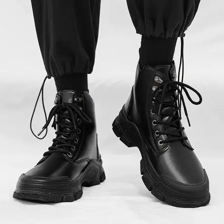马丁靴男2022年新款冬季高帮工装休闲皮鞋英伦风男士黑色防水短靴图片