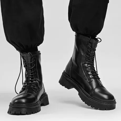 马丁靴男2022年新款冬季高帮工装皮鞋英伦风男士黑色防水机车短靴图片
