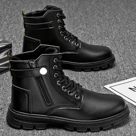 马丁靴男2022新款冬季保暖高帮休闲工装皮鞋青少年英伦风黑色短靴图片