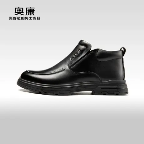 Aokang奥康 2023冬季新款 加绒保暖真皮舒适中年爸爸软底高帮皮鞋图片
