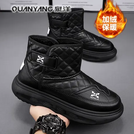 男士雪地靴冬季新款黑色皮面防水中帮加绒加厚保暖一脚蹬东北棉鞋图片