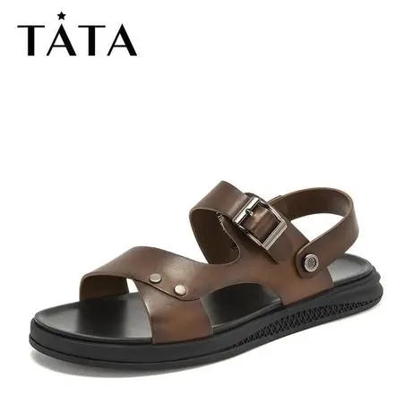 Tata/他她2019夏专柜同款牛皮革平底休闲男凉鞋25A01BL9图片