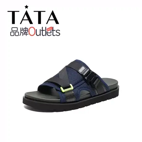 Tata/他她专柜同款拼接网状休闲外穿平跟男拖鞋25A11BT0图片